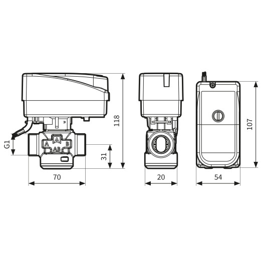 1664300 3-ходовой зонный клапан AFRISO AZV643 DN20, G1", kvs 8, 230В АС 2 точки, с кабелем