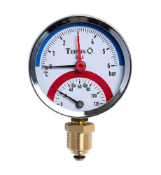 357317 термоманометр Tervix Pro Line 80/0-6 бар, 0-120С, радиальный, с монтажным клапаном 1/2"