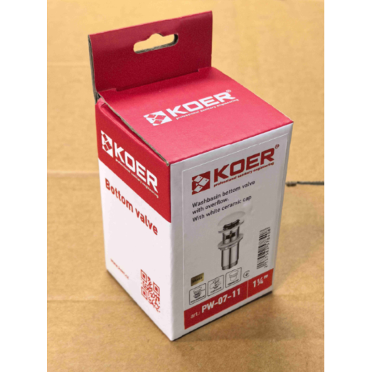 Донний клапан для раковини Koer PW-07-11 1 1/4'' з переливом СLICK-СLACK (біла керамічна накладка) (KR5784)