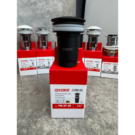 Донний клапан для раковини Koer PW-07-05 1 1/4'' з переливом автоматичний СLICK-СLACK (Колір чорний) (KR5785)