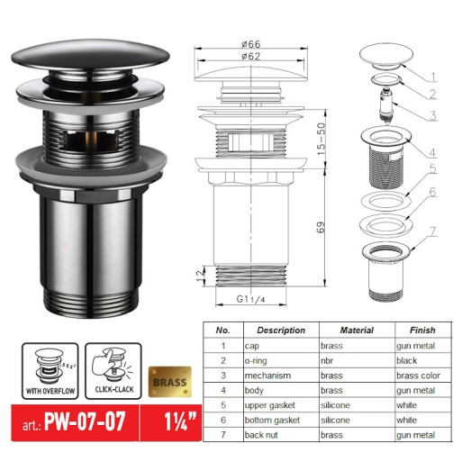 Донний клапан для раковини Koer PW-07-07 1 1/4" з переливом автоматичний CLICK-CLACK (Колір графіт) (KR6483)