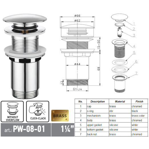 Донний клапан для раковини Koer PW-08-01 1 1/4'' без переливу автоматичний СLICK-СLACK (Колір хром) (KR5786)