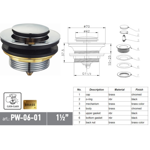 Донний клапан для ванни Koer PW-06-01 1 1/2" автоматичний СLICK-СLACK (Колір хром) (KR5799)