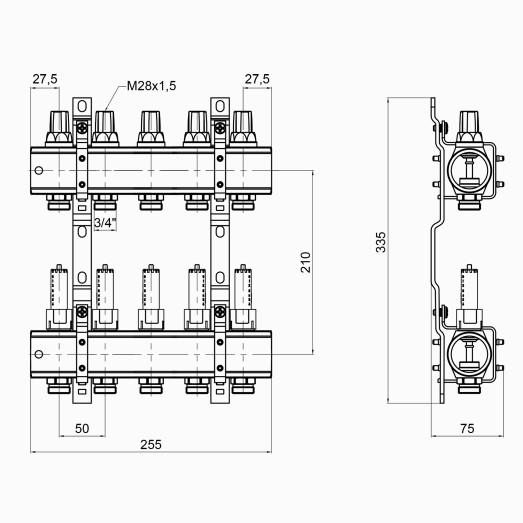 Коллектор Icma 1" 5 выходов с расходомерами №K013 (87K013PQ06)