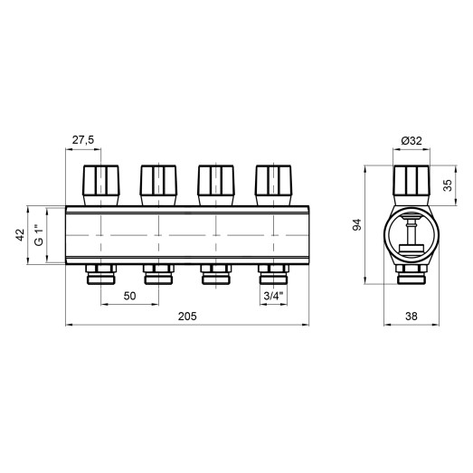 Коллектор Icma с регулировочными вентилями 1" 4 выхода №1105 (Blue) 871105PJ0512