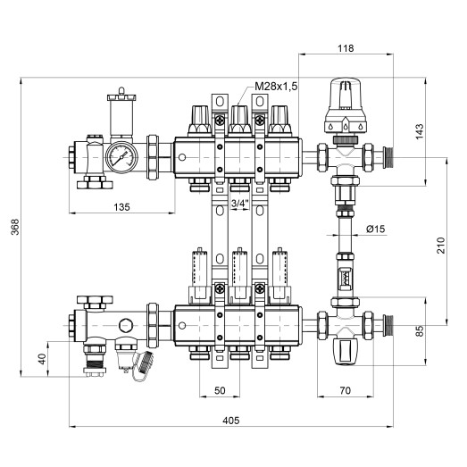 Коллекторная группа Icma 1" 3 выхода с расходомером №K0111 (A1K013APH06)