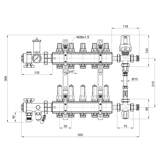 Коллекторная группа Icma 1" 5 выходов с расходомером №K0111 (A1K013APQ06)