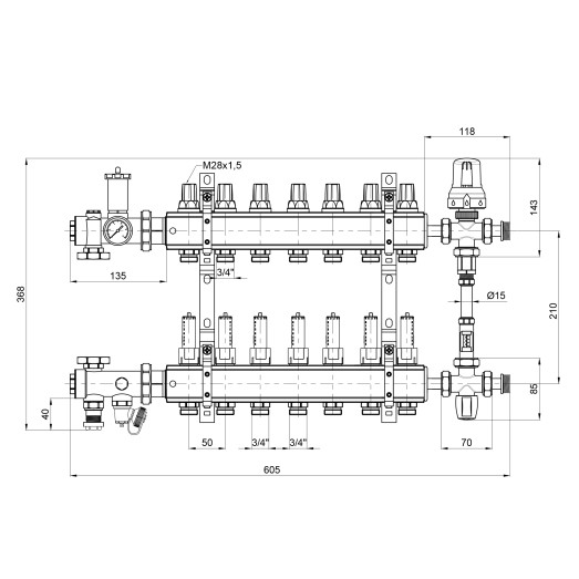 Коллекторная группа Icma 1" 7 выходов с расходомером №K0111 (A1K013APR06)