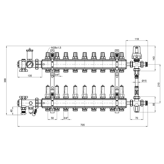 Коллекторная группа Icma 1" 9 выходов с расходомером №K0111 (A1K013APS06)