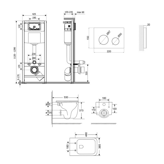 Комплект Qtap: подвесной унитаз Gemini Ultra Quiet с инсталляцией Nest 4 в 1, круглая клавиша White (QT2533076EUQW46156)