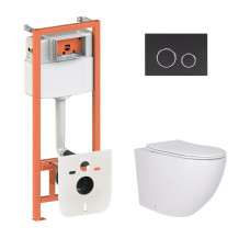 Комплект Qtap: подвесной унитаз Robin Ultra Quiet с инсталляцией Nest 4 в 1, круглая клавиша Matt Black (QT13332381AW47500)