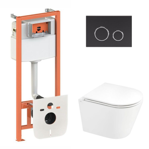 Комплект Qtap: подвесной унитаз Scorpio Ultra Quiet с инсталляцией Nest 4 в 1, круглая клавиша Matt Black (QT1433053EUQW45164)