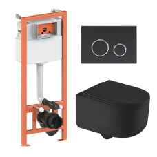 Комплект Qtap: подвесной унитаз Taurus Ultra Quiet с инсталляцией Nest, круглая клавиша Matt Black (QT2433084EUQMB46186)