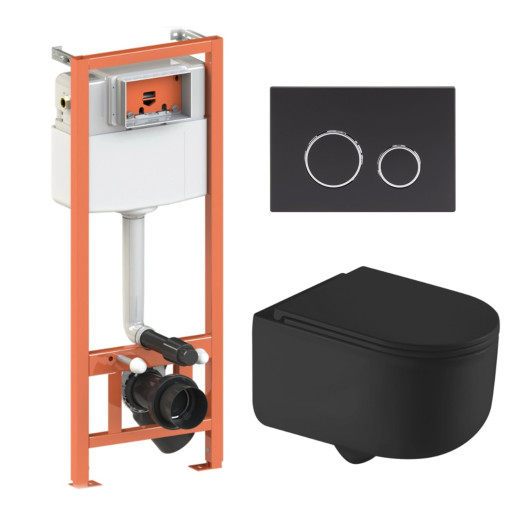 Комплект Qtap: подвесной унитаз Taurus Ultra Quiet с инсталляцией Nest, круглая клавиша Matt Black (QT2433084EUQMB46186)