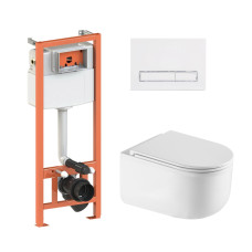 Комплект Qtap: подвесной унитаз Taurus Ultra Quiet с инсталляцией Nest 4 в 1, линейная клавиша White (QT2433084EUQW46149)