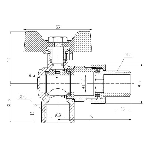 Кран шаровой "Американка" SD Forte 1/2" угловой SF221W15