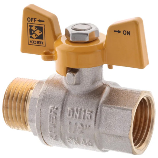 Кран шаровой KOER KR.218.G - 1/2" FM ГШБ, ручка "бабочка" желтая (KR0036)