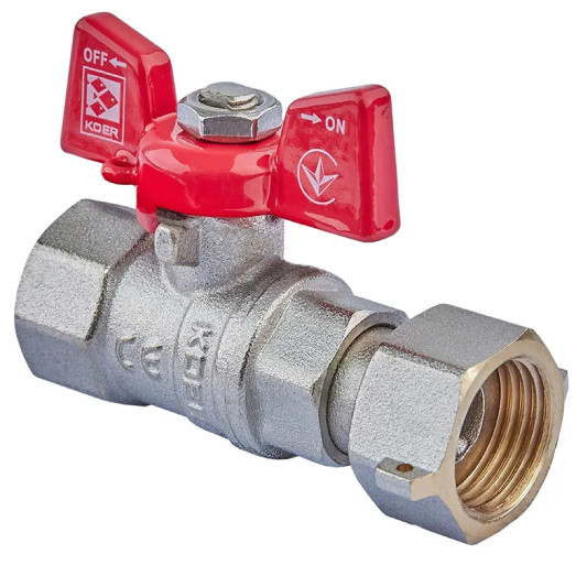 Кран кульовий Koer KR.222 - 1/2" FF ГГМ з накидною гайкою, ручка "метелик" червона (KR4769)
