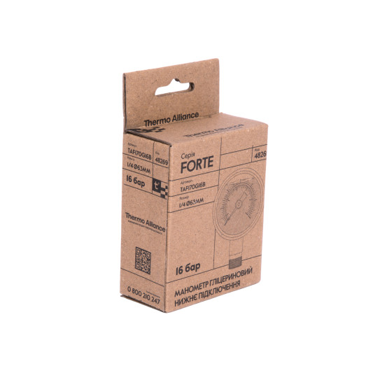 Глицериновый манометр Thermo Alliance Forte 63 мм 1/4" с нижним подключением 0-16 бар (TAF170G16B)