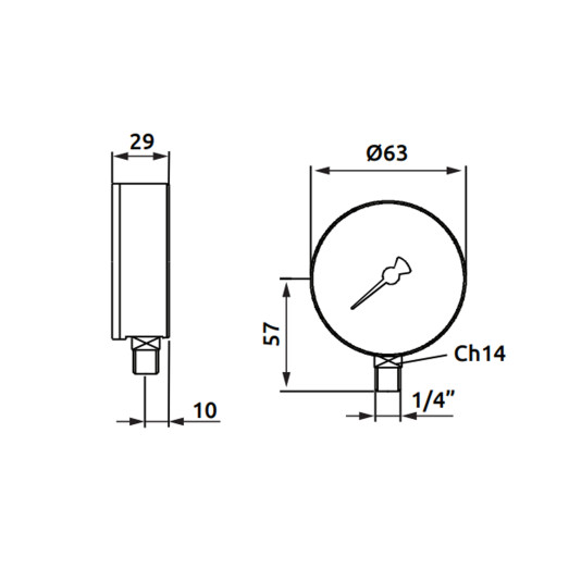 Манометр Icma 1/4" 0-6 бар нижнее 63 мм подключение № 257 (91257AB06)