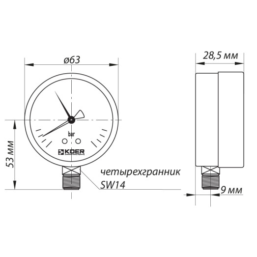 Манометр радіальний KOER KM.621R (0-4 bar) 63мм, 1/4''-1/2'' (KR0206)