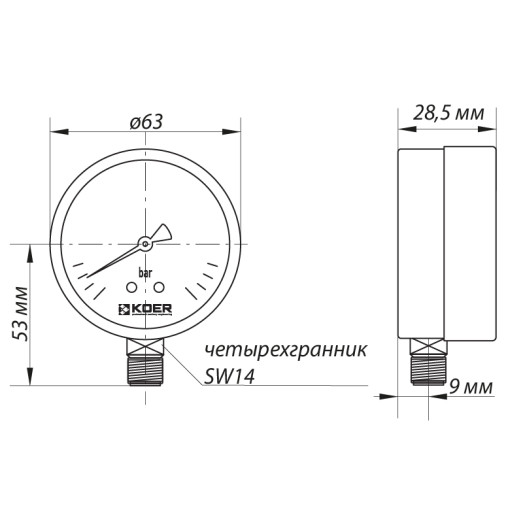 Манометр радіальний KOER KM.610R 63мм (0-10 bar) 1/4''-1/2'' (KR2902)