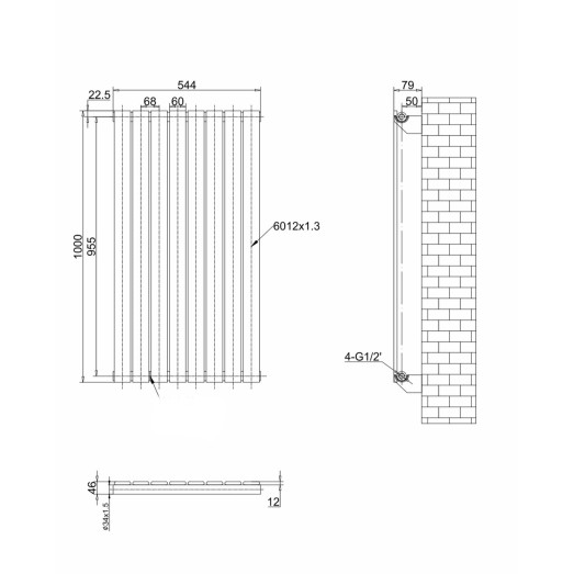 Радіатор трубчастий ARTTIDESIGN Livorno 8/1000/544 вертикальний сірий матовий (LV.8.100.54.G)