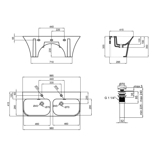 Раковина подвесная моноблок двойная Qtap Virgo 1000х410х360 White без донного клапана QT1811G760W