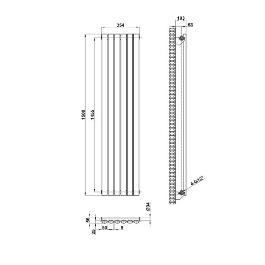 Радіатор трубчастий ARTTIDESIGN Rimini 6/1500/354/50 вертикальний білий матовий (RM.6.150.35.5.W)