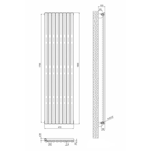 Радіатор трубчастий ARTTIDESIGN Rimini 8/1800/472 вертикальний білий матовий (RM.8.180.47.W)