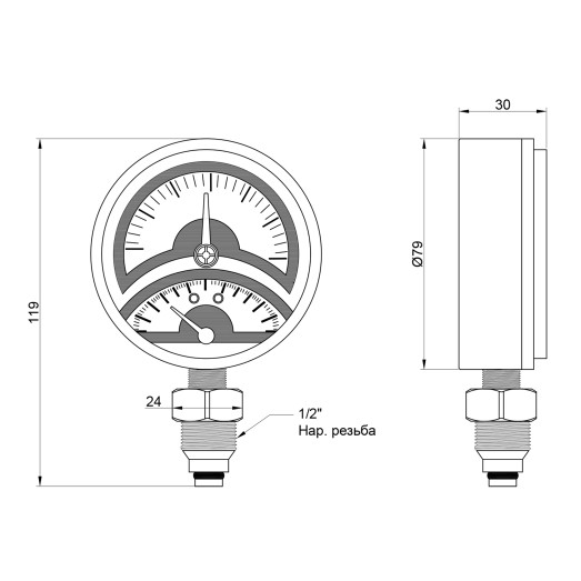 Термоманометр Icma 1/2" 0-4 бар нижнее подключение №258 (91258AD04120)