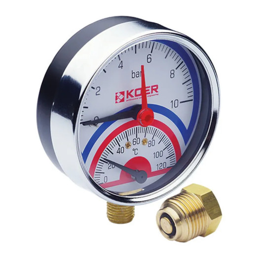 Термоманометр радиальный (KOER KM.821R) (0-10 bar), D 80мм, 1/4″-1/2″ (KR0215)