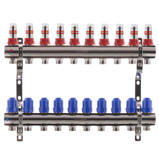 Коллектор для теплого пола KOER на 10 контуров с расходомерами 1 "х3/4" (KR2647)
