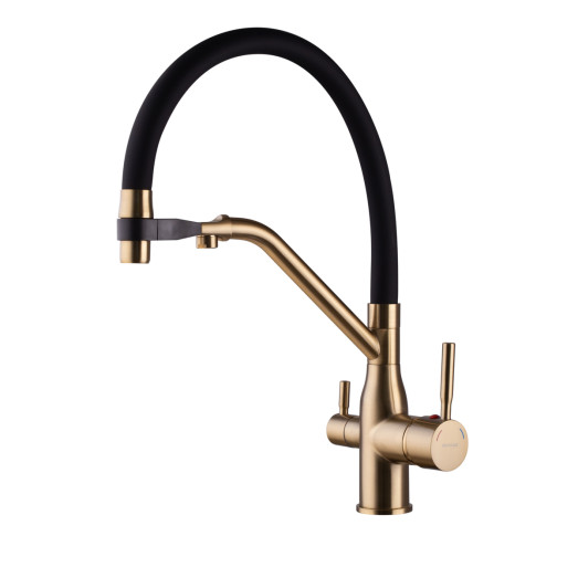 Смеситель для кухни MIXXUS PREMIUM GRAVITY 021 BRUSHED GOLD REFL.BLACK с гибким изливом (MI6981)