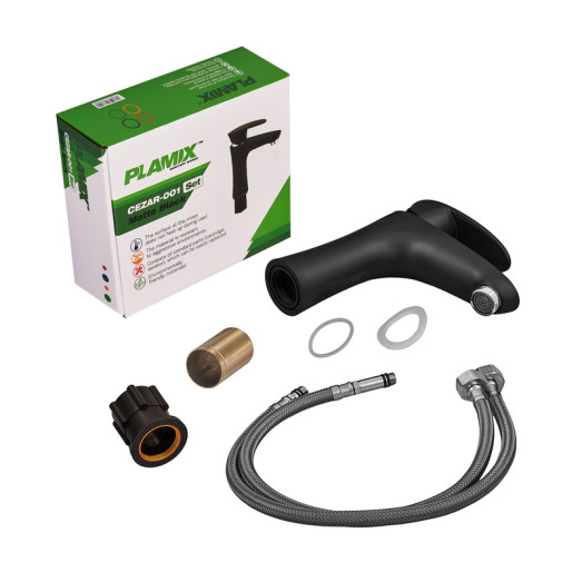 Смеситель для умывальника Plamix Cezar-001 SET Matte black (с подводом) (PM0662)