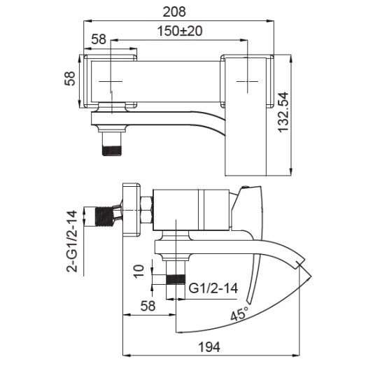 Смеситель для ванны Koer KB-41007-04 с коротким изливом (KR5157)