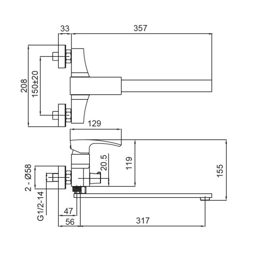 Смеситель для ванны с длинным изливом KOER KB-42007-01 (KR3456)